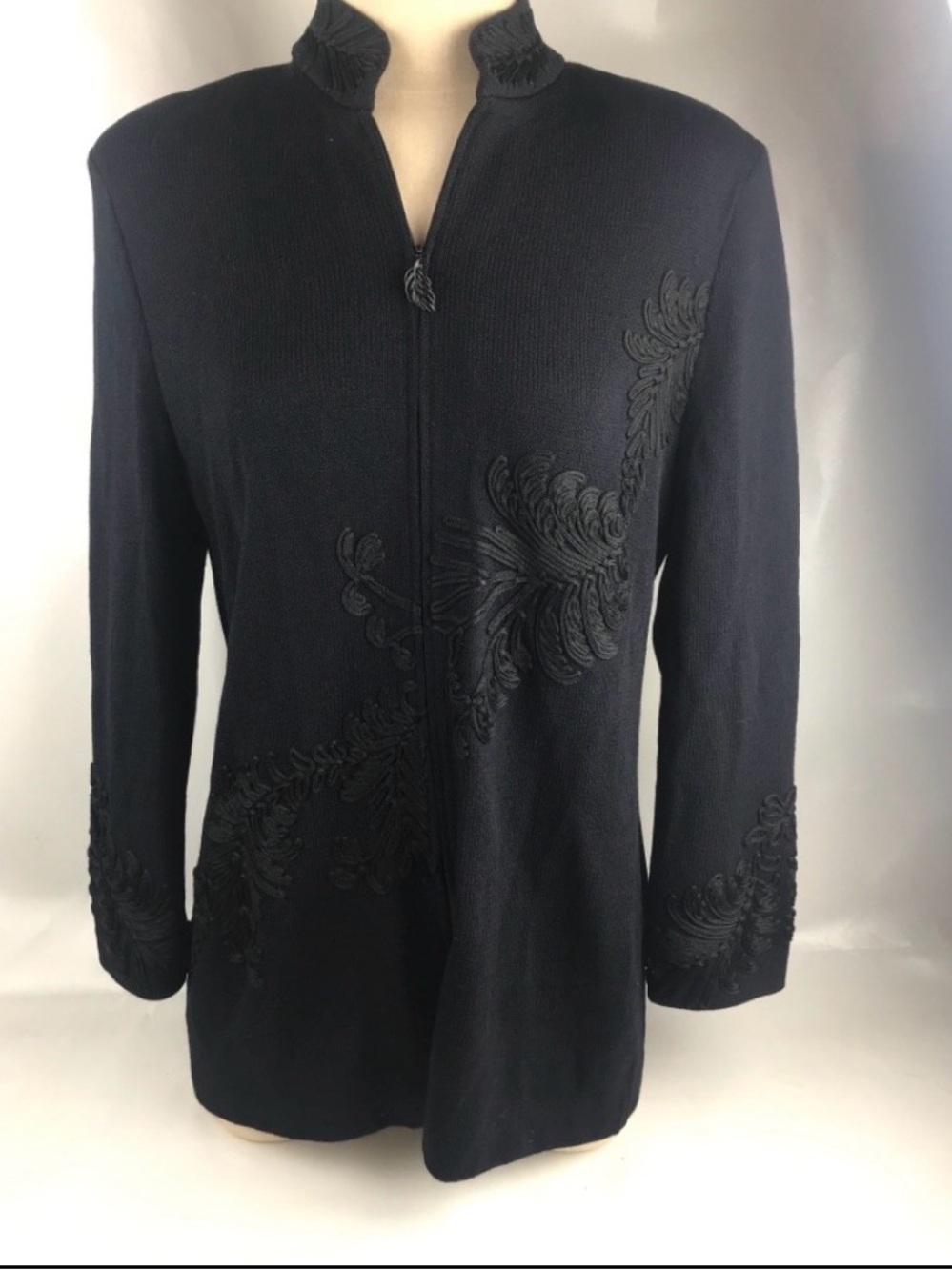St. John Black Embroidered Zip-Front Jacket